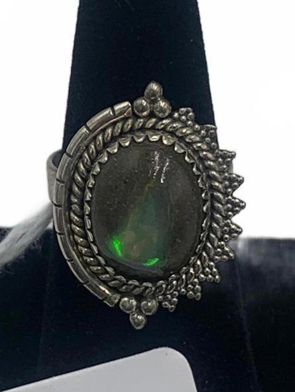 Vintage Sterling Silver Galaxy Opal Cabochon Native Ring 7.5